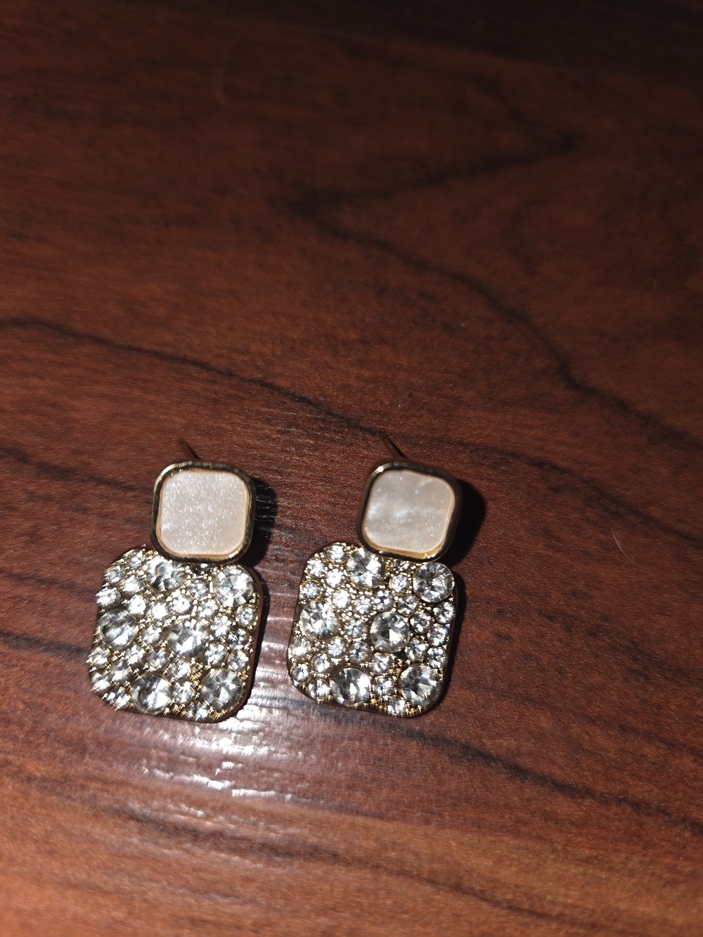 Fashion Jewelry Gold-Tone Crystal and Pearl Square Drop Earrings